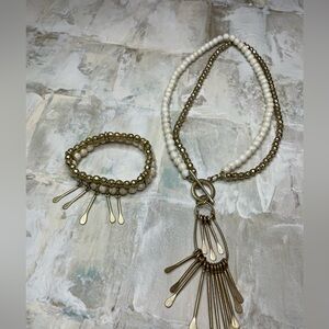 Cream and gold 2 strand front closure drop necklace and matching bracelet